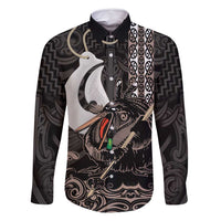 Aotearoa Hei Matau Family Matching Off Shoulder Maxi Dress and Hawaiian Shirt Haka Kiwi Mix Maori Mangopare LT14 Dad's Shirt - Long Sleeve Black - Polynesian Pride