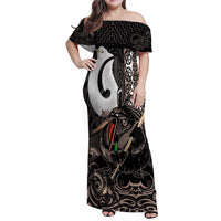 Aotearoa Hei Matau Family Matching Off Shoulder Maxi Dress and Hawaiian Shirt Haka Kiwi Mix Maori Mangopare LT14 Mom's Dress Black - Polynesian Pride