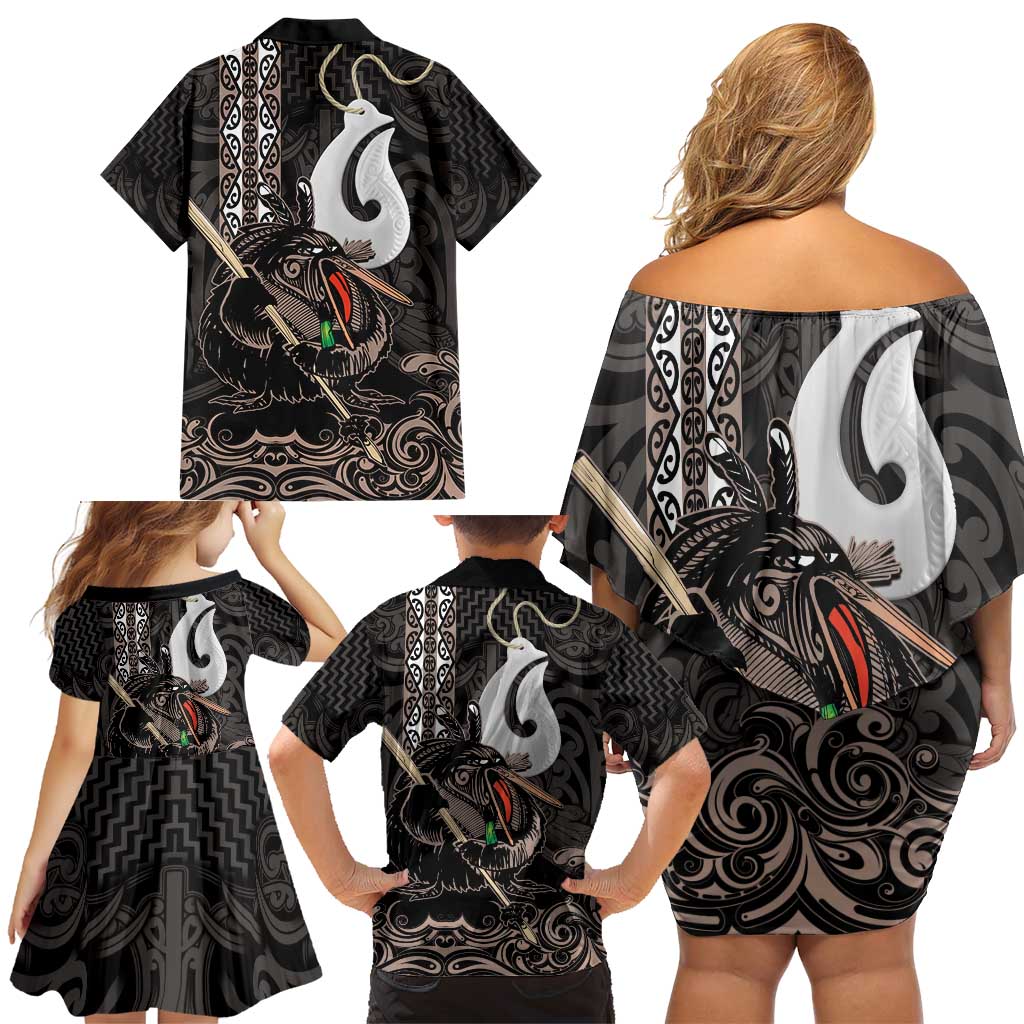 Aotearoa Hei Matau Family Matching Off Shoulder Short Dress and Hawaiian Shirt Haka Kiwi Mix Maori Mangopare LT14 - Polynesian Pride