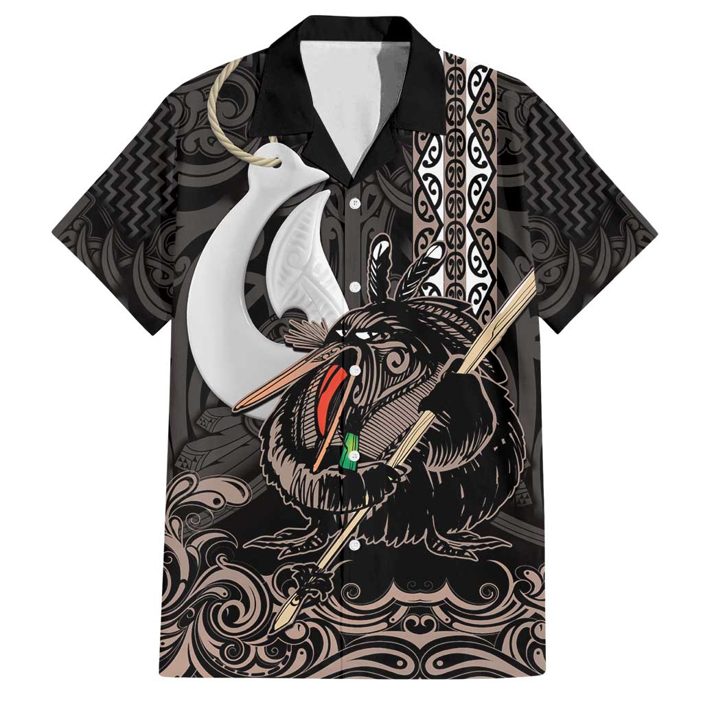 Aotearoa Hei Matau Family Matching Off Shoulder Short Dress and Hawaiian Shirt Haka Kiwi Mix Maori Mangopare LT14 Dad's Shirt - Short Sleeve Black - Polynesian Pride