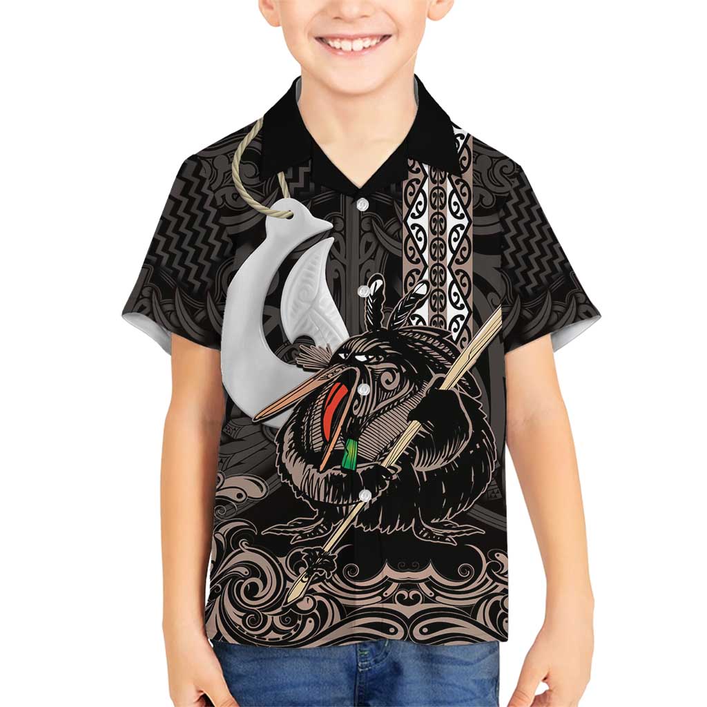Aotearoa Hei Matau Family Matching Off Shoulder Short Dress and Hawaiian Shirt Haka Kiwi Mix Maori Mangopare LT14 Son's Shirt Black - Polynesian Pride