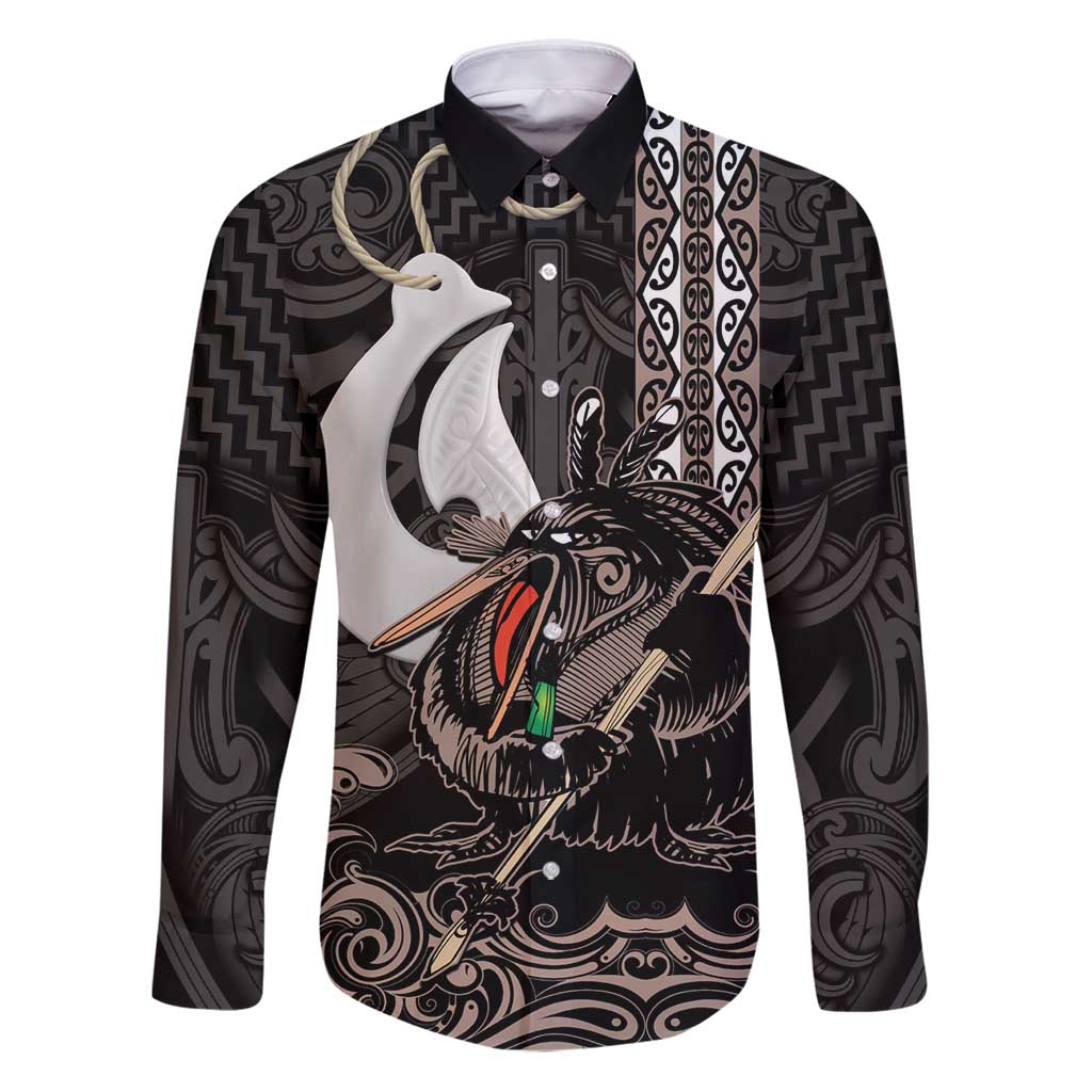 Aotearoa Hei Matau Family Matching Puletasi and Hawaiian Shirt Haka Kiwi Mix Maori Mangopare LT14 Dad's Shirt - Long Sleeve Black - Polynesian Pride
