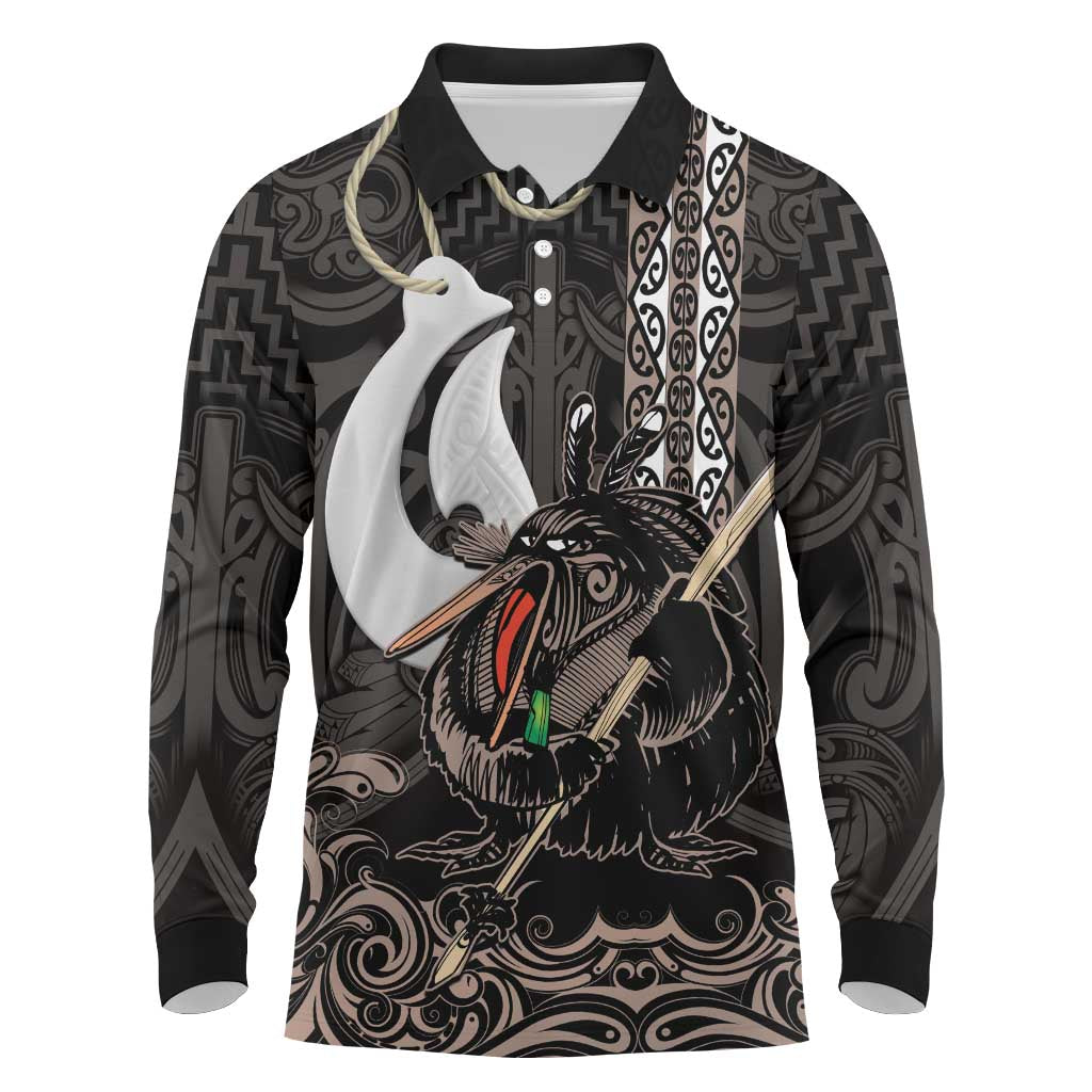 Aotearoa Hei Matau Long Sleeve Polo Shirt Haka Kiwi Mix Maori Mangopare LT14 Black - Polynesian Pride