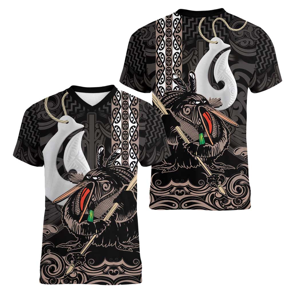 Aotearoa Hei Matau Women V-Neck T-Shirt Haka Kiwi Mix Maori Mangopare LT14 - Polynesian Pride
