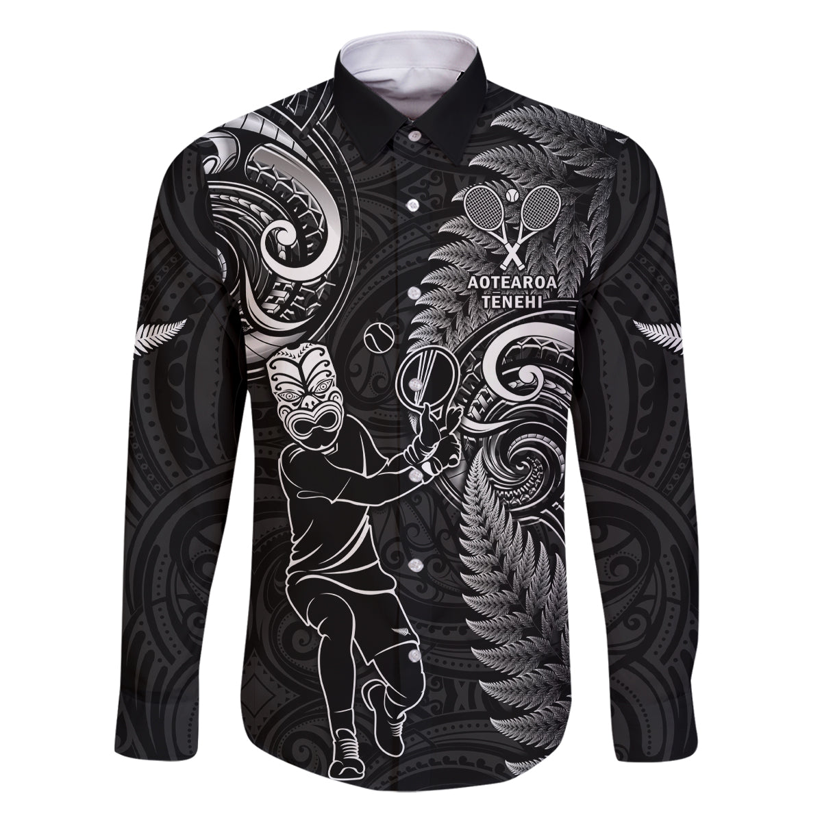 Custom New Zealand Tiki Tennis Family Matching Off Shoulder Maxi Dress and Hawaiian Shirt 2024 Aotearoa Tenehi Maori Silver Fern - Black LT14 Dad's Shirt - Long Sleeve Black - Polynesian Pride