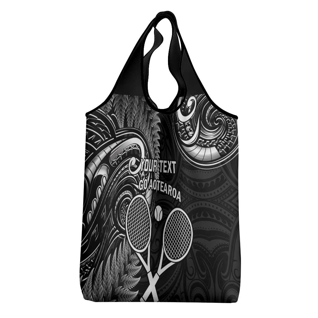Custom New Zealand Tiki Tennis Grocery Bag Aotearoa Tenehi Maori Silver Fern - Black LT14 - Polynesian Pride