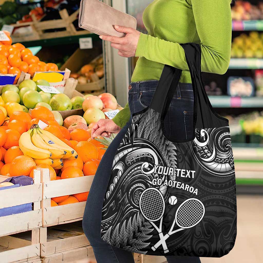 Custom New Zealand Tiki Tennis Grocery Bag Aotearoa Tenehi Maori Silver Fern - Black LT14 - Polynesian Pride