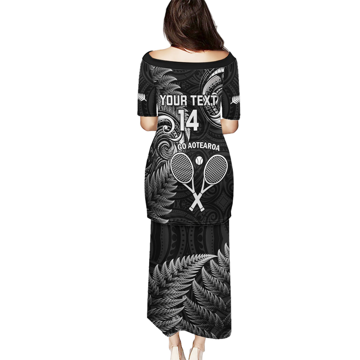 Custom New Zealand Tiki Tennis Puletasi 2024 Aotearoa Tenehi Maori Silver Fern - Black LT14 - Polynesian Pride