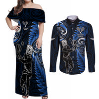 New Zealand Tiki Tennis Couples Matching Off Shoulder Maxi Dress and Long Sleeve Button Shirt 2024 Aotearoa Tenehi Maori Silver Fern - Blue LT14 Blue - Polynesian Pride