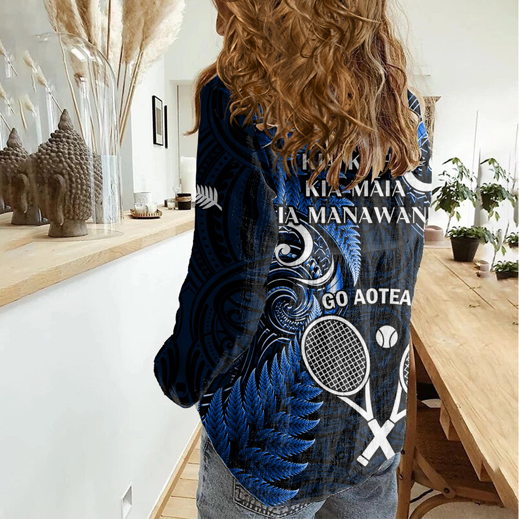 New Zealand Tiki Tennis Women Casual Shirt 2024 Aotearoa Tenehi Maori Silver Fern - Blue LT14 - Polynesian Pride