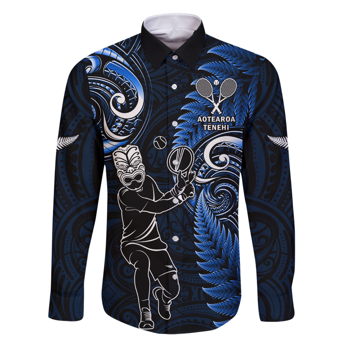 Custom New Zealand Tiki Tennis Family Matching Mermaid Dress and Hawaiian Shirt 2024 Aotearoa Tenehi Maori Silver Fern - Blue LT14 Dad's Shirt - Long Sleeve Blue - Polynesian Pride