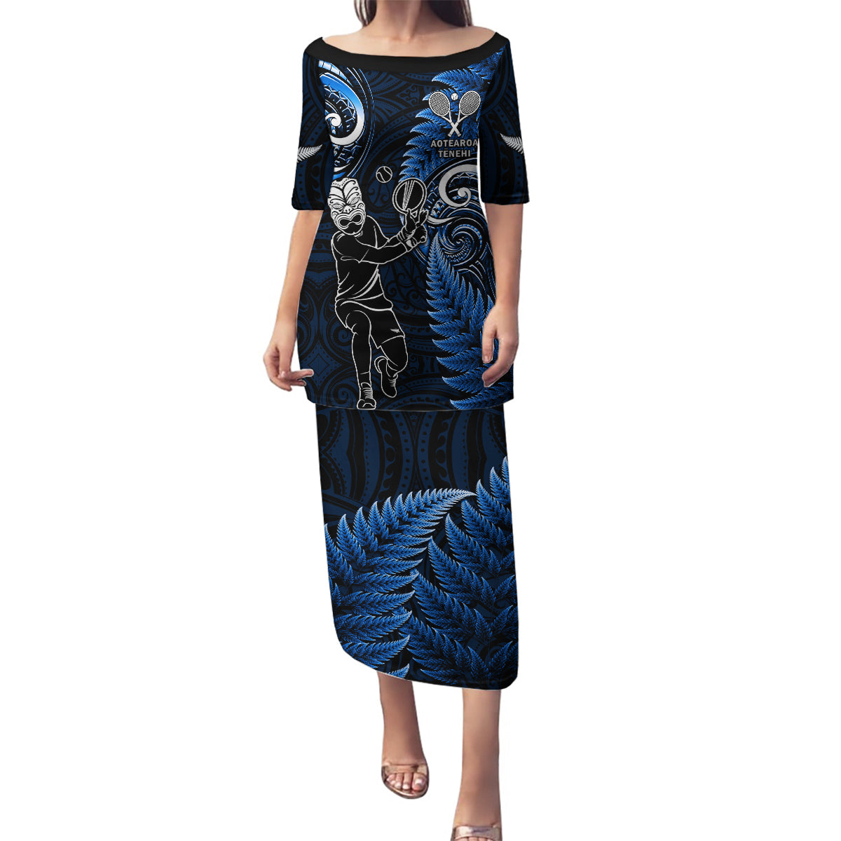 Custom New Zealand Tiki Tennis Family Matching Puletasi and Hawaiian Shirt 2024 Aotearoa Tenehi Maori Silver Fern - Blue LT14 Mom's Dress Blue - Polynesian Pride