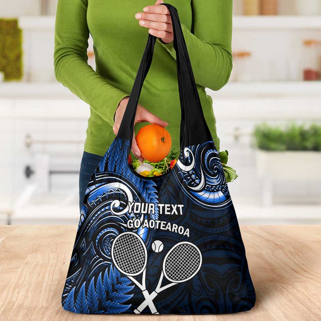 Custom New Zealand Tiki Tennis Grocery Bag Aotearoa Tenehi Maori Silver Fern - Blue LT14 - Polynesian Pride