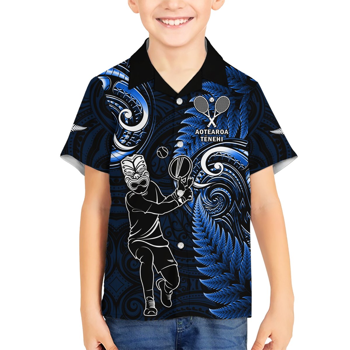 Custom New Zealand Tiki Tennis Hawaiian Shirt 2024 Aotearoa Tenehi Maori Silver Fern - Blue LT14 - Polynesian Pride