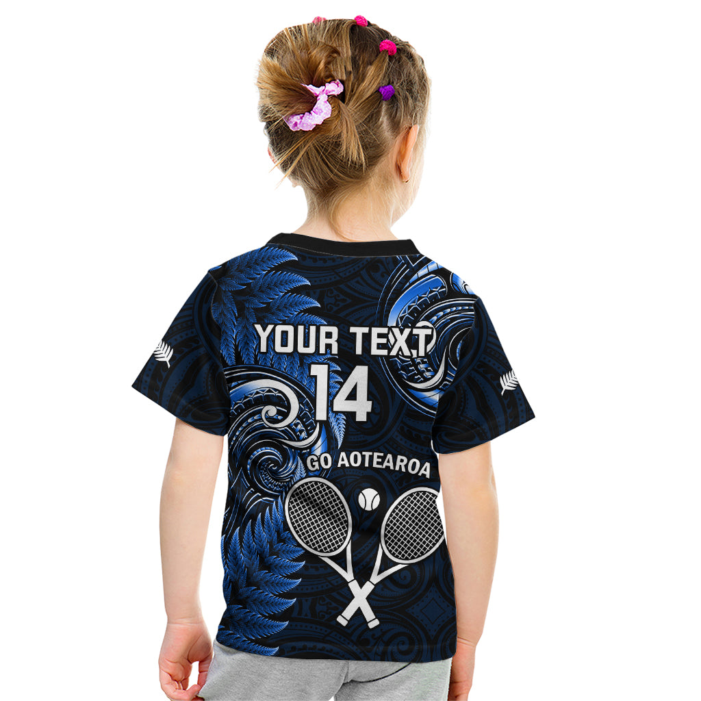 Custom New Zealand Tiki Tennis Kid T Shirt 2024 Aotearoa Tenehi Maori Silver Fern - Blue LT14 - Polynesian Pride