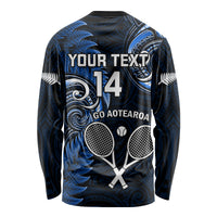 Custom New Zealand Tiki Tennis Long Sleeve Shirt 2024 Aotearoa Tenehi Maori Silver Fern - Blue LT14 - Polynesian Pride