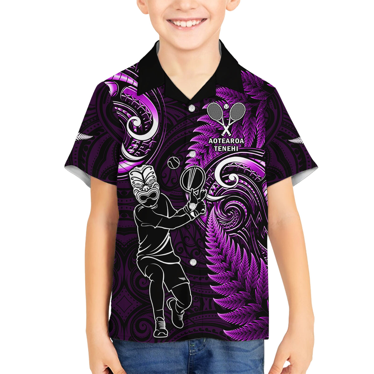 New Zealand Tiki Tennis Family Matching Off Shoulder Maxi Dress and Hawaiian Shirt 2024 Aotearoa Tenehi Maori Silver Fern - Purple LT14 Son's Shirt Purple - Polynesian Pride