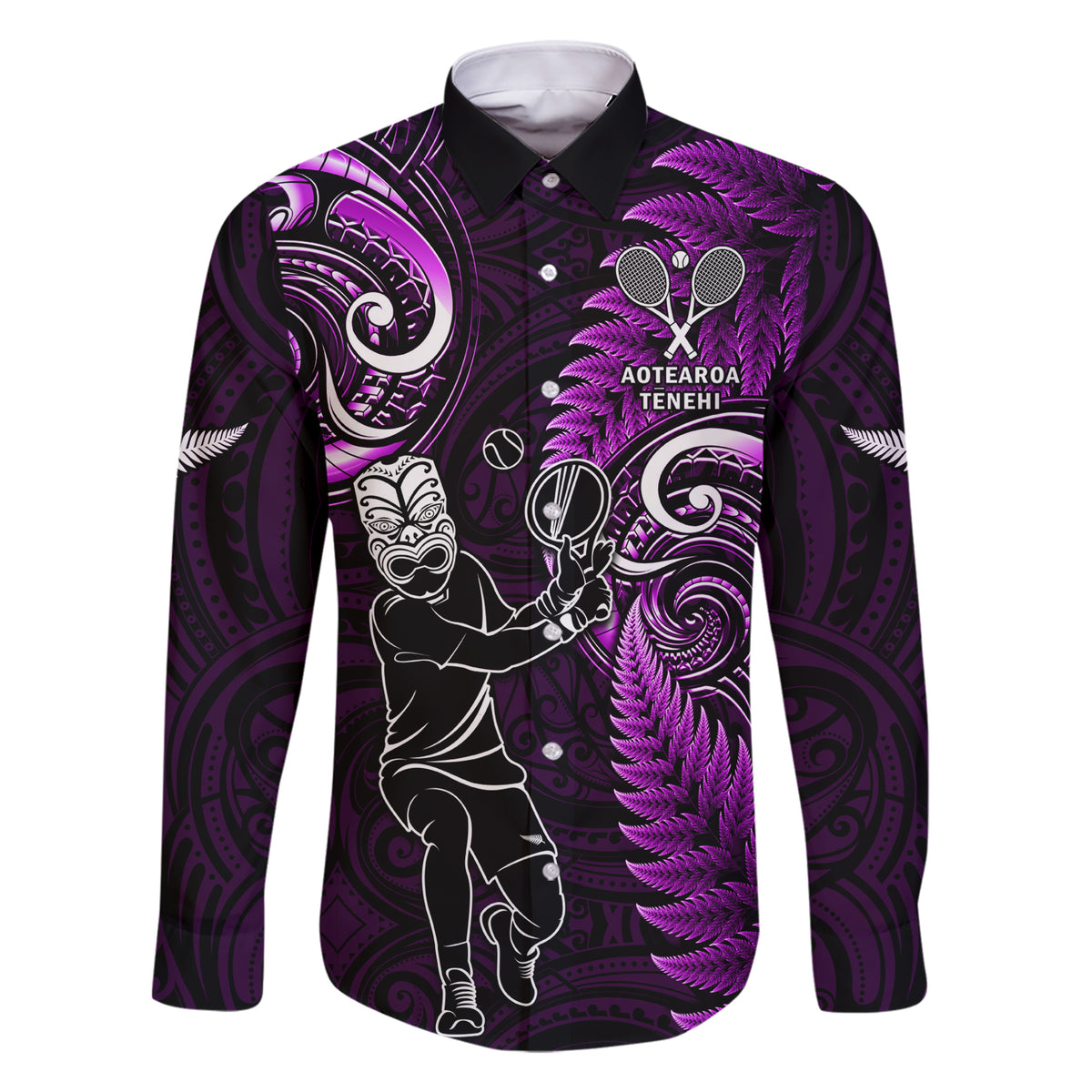 New Zealand Tiki Tennis Family Matching Short Sleeve Bodycon Dress and Hawaiian Shirt 2024 Aotearoa Tenehi Maori Silver Fern - Purple LT14 Dad's Shirt - Long Sleeve Purple - Polynesian Pride