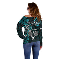 New Zealand Tiki Tennis Off Shoulder Sweater 2024 Aotearoa Tenehi Maori Silver Fern - Turquoise LT14 - Polynesian Pride
