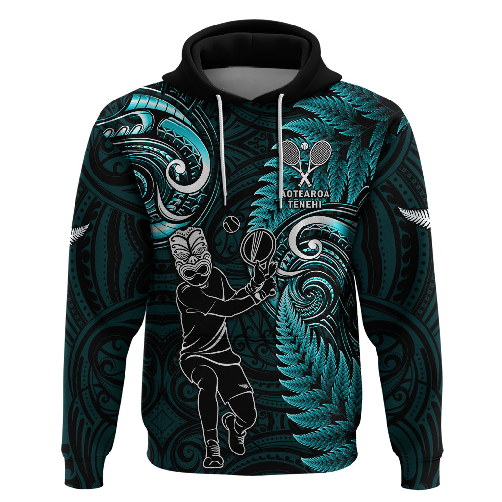 New Zealand Tiki Tennis Zip Hoodie 2024 Aotearoa Tenehi Maori Silver Fern - Turquoise LT14 Pullover Hoodie Turquoise - Polynesian Pride