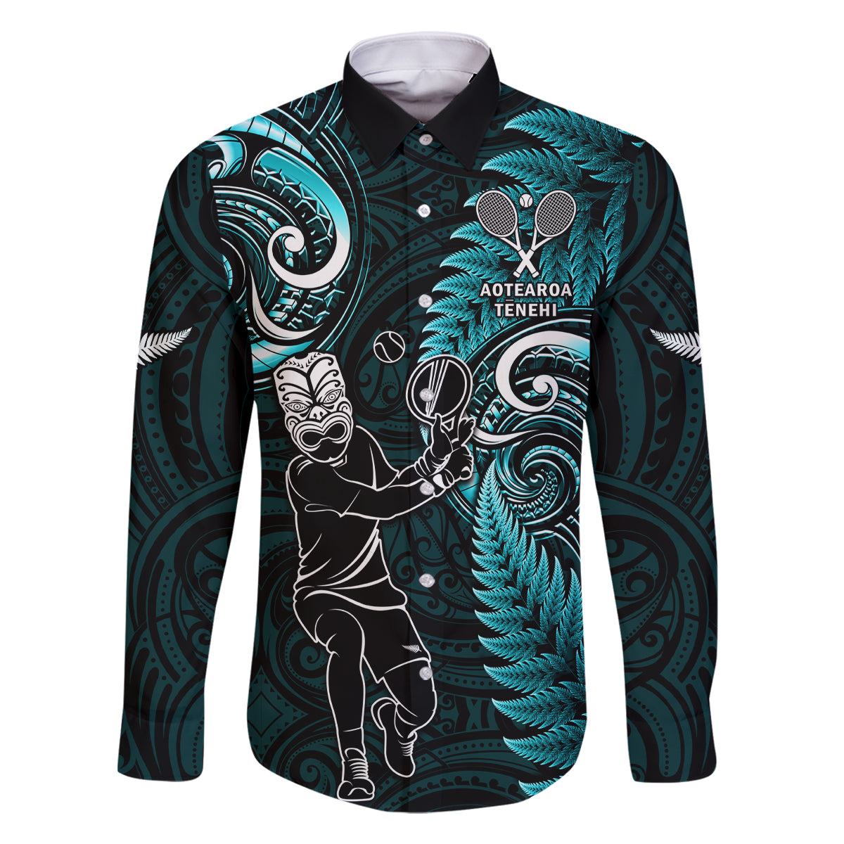 Custom New Zealand Tiki Tennis Family Matching Off Shoulder Long Sleeve Dress and Hawaiian Shirt 2024 Aotearoa Tenehi Maori Silver Fern - Turquoise LT14 Dad's Shirt - Long Sleeve Turquoise - Polynesian Pride