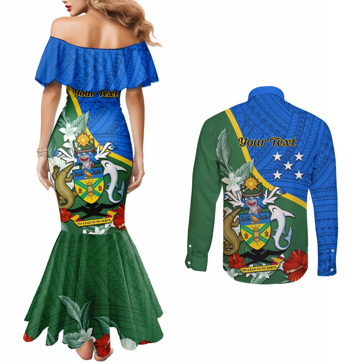 Personalised Halo Olaketa Solomon Islands Couples Matching Mermaid Dress and Long Sleeve Button Shirt Coat Of Arms With Tropical Flowers Flag Style LT14 - Polynesian Pride