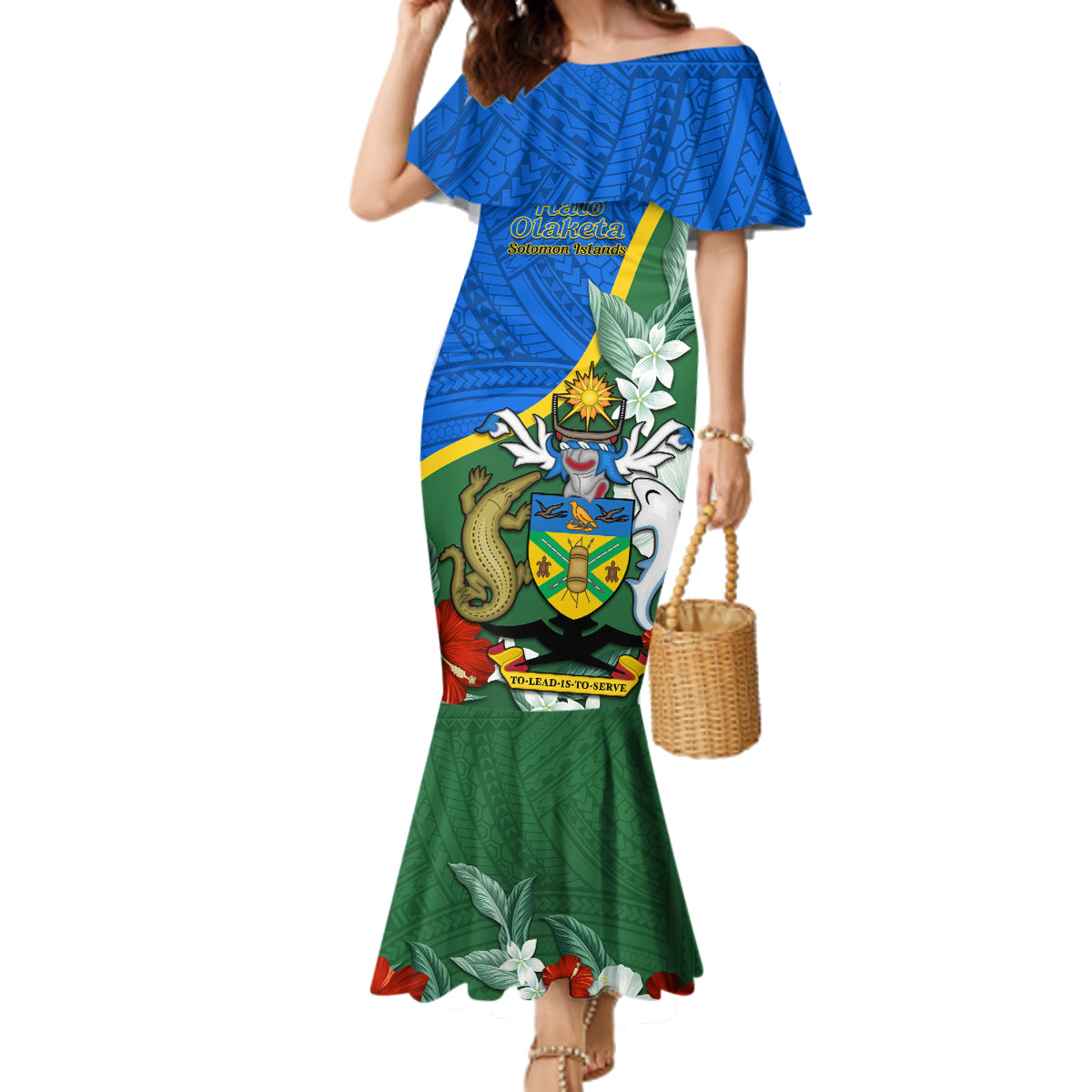 Personalised Halo Olaketa Solomon Islands Family Matching Mermaid Dress and Hawaiian Shirt Coat Of Arms With Tropical Flowers Flag Style LT14 Mom's Dress Green - Polynesian Pride