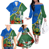 Personalised Halo Olaketa Solomon Islands Family Matching Off Shoulder Long Sleeve Dress and Hawaiian Shirt Coat Of Arms With Tropical Flowers Flag Style LT14 - Polynesian Pride