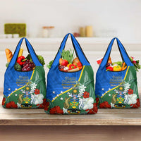 Personalised Halo Olaketa Solomon Islands Grocery Bag Coat Of Arms With Tropical Flowers LT14 3-pack One Size Green - Polynesian Pride