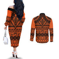 Halo Olaketa Solomon Islands Couples Matching Off The Shoulder Long Sleeve Dress and Long Sleeve Button Shirt Melanesian Tribal Pattern Orange Version LT14 - Polynesian Pride