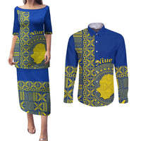 Fakaalofa Lahi Atu Niue Couples Matching Puletasi and Long Sleeve Button Shirt Niuean Map With Hiapo Pattern Blue Version LT14 Blue - Polynesian Pride