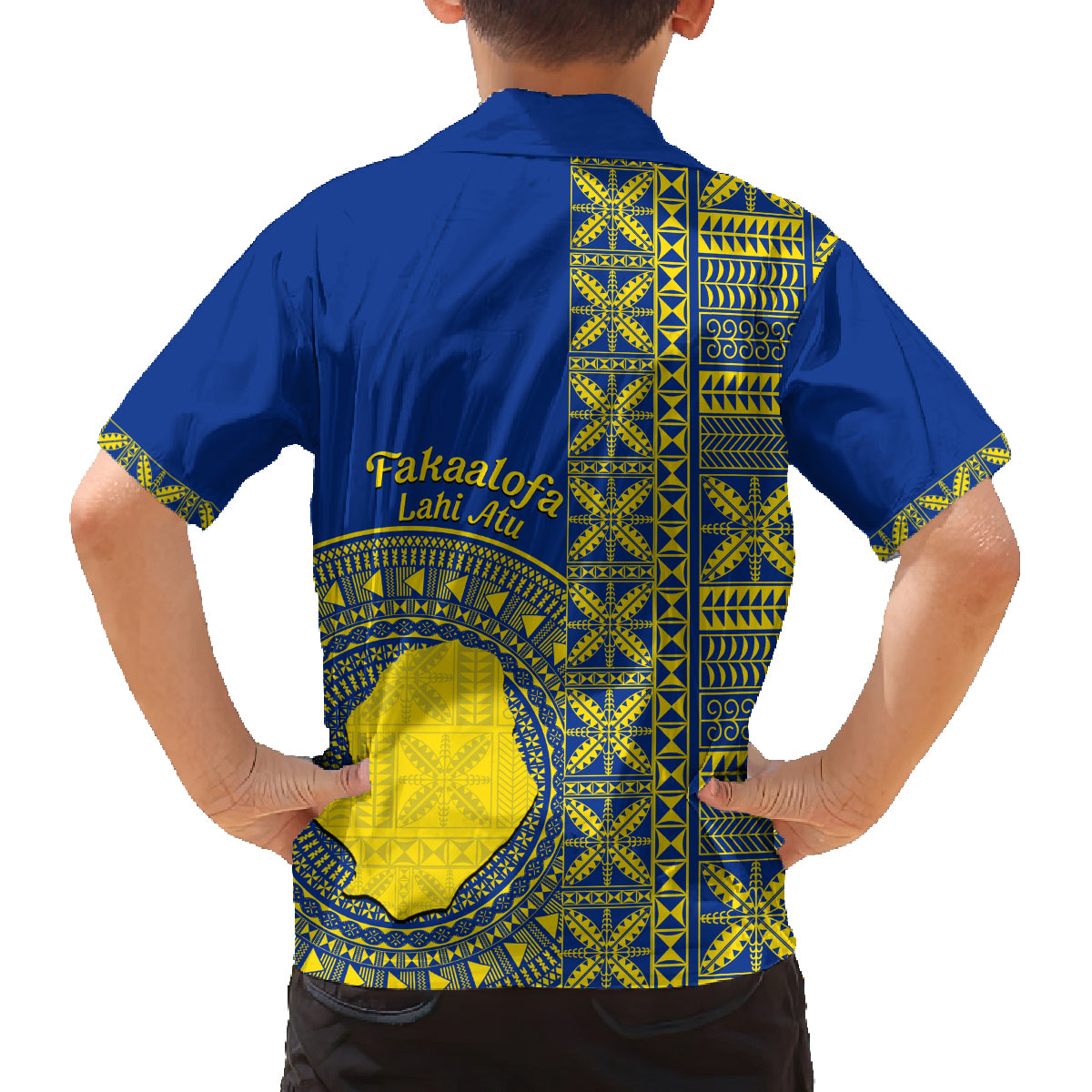 Fakaalofa Lahi Atu Niue Family Matching Off Shoulder Long Sleeve Dress and Hawaiian Shirt Niuean Map With Hiapo Pattern Blue Version LT14 - Polynesian Pride
