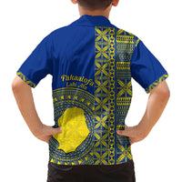 Fakaalofa Lahi Atu Niue Family Matching Off Shoulder Short Dress and Hawaiian Shirt Niuean Map With Hiapo Pattern Blue Version LT14 - Polynesian Pride