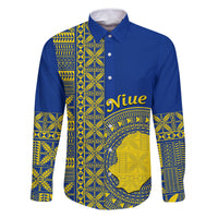 Fakaalofa Lahi Atu Niue Family Matching Summer Maxi Dress and Hawaiian Shirt Niuean Map With Hiapo Pattern Blue Version LT14 Dad's Shirt - Long Sleeve Blue - Polynesian Pride