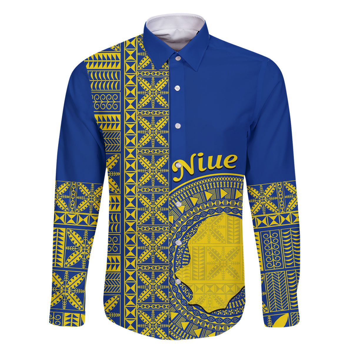 Fakaalofa Lahi Atu Niue Family Matching Tank Maxi Dress and Hawaiian Shirt Niuean Map With Hiapo Pattern Blue Version LT14 Dad's Shirt - Long Sleeve Blue - Polynesian Pride