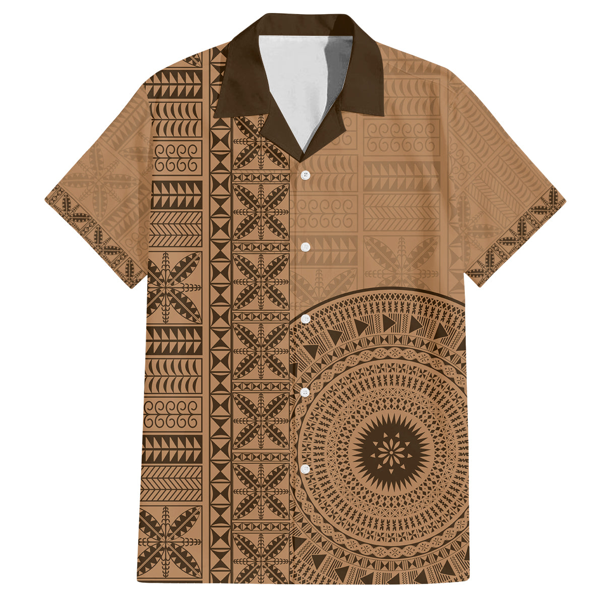 Fakaalofa Lahi Atu Niue Family Matching Off Shoulder Long Sleeve Dress and Hawaiian Shirt Vintage Hiapo Pattern Brown Version LT14 Dad's Shirt - Short Sleeve Brown - Polynesian Pride