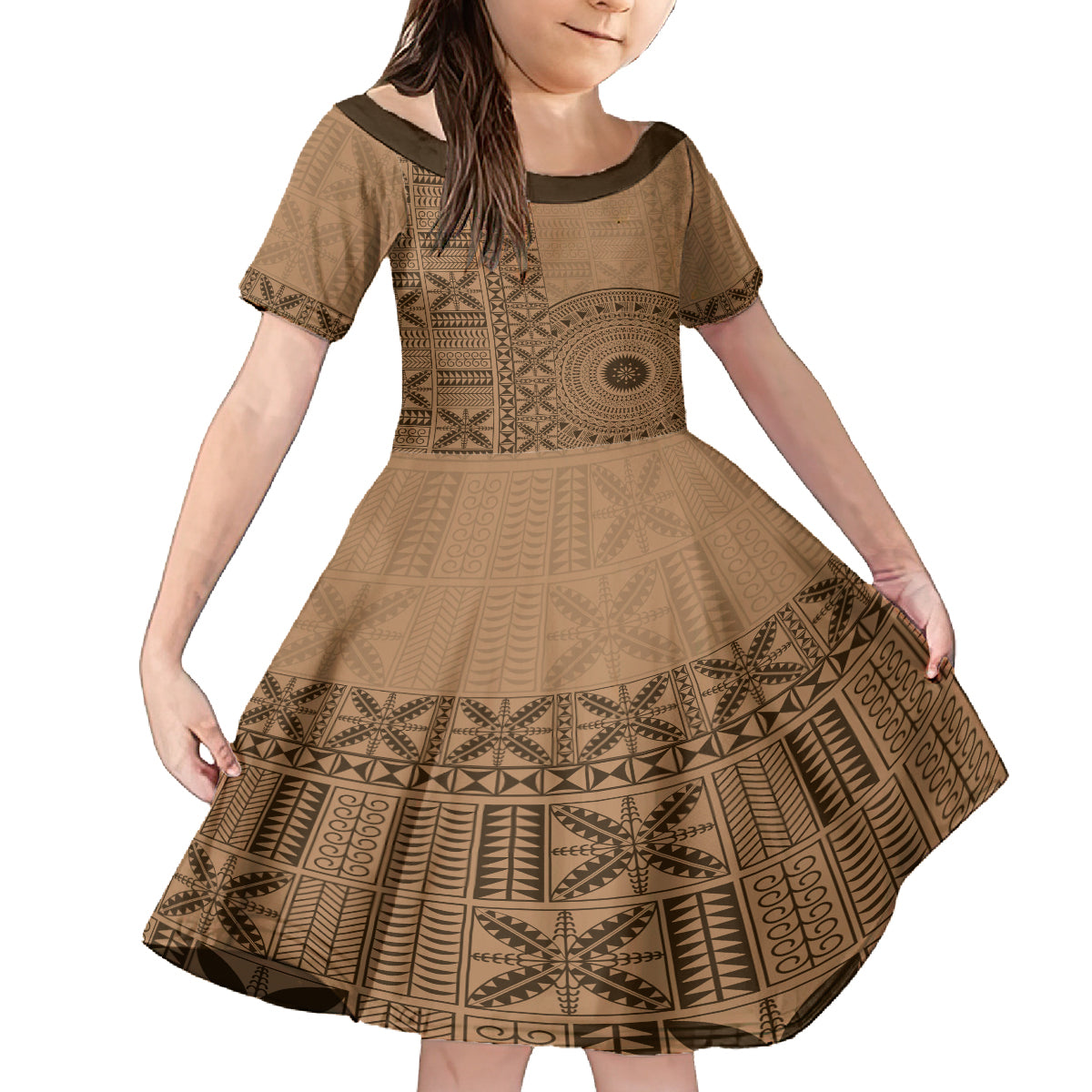 Fakaalofa Lahi Atu Niue Family Matching Puletasi and Hawaiian Shirt Vintage Hiapo Pattern Brown Version LT14 Daughter's Dress Brown - Polynesian Pride