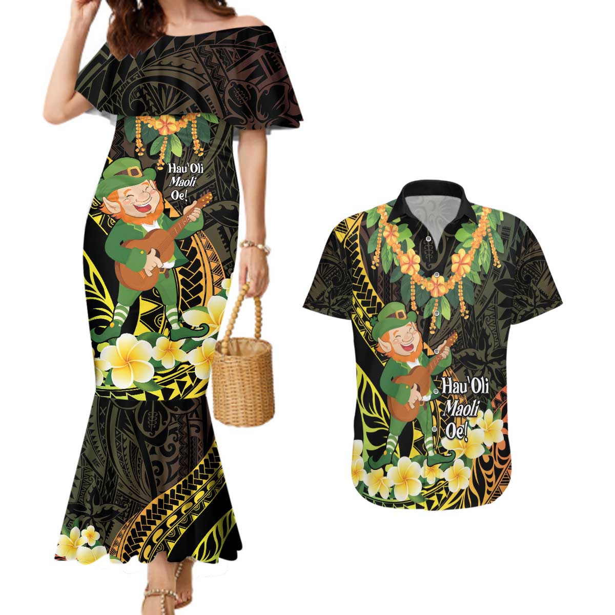 Hawaii Saint Patrick's Day Couples Matching Mermaid Dress and Hawaiian Shirt Ukulele Leprechaun Hau'Oli Maoli Oe! LT14 Reggae - Polynesian Pride