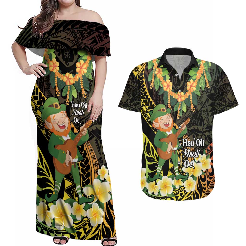 Hawaii Saint Patrick's Day Couples Matching Off Shoulder Maxi Dress and Hawaiian Shirt Ukulele Leprechaun Hau'Oli Maoli Oe! LT14 Reggae - Polynesian Pride