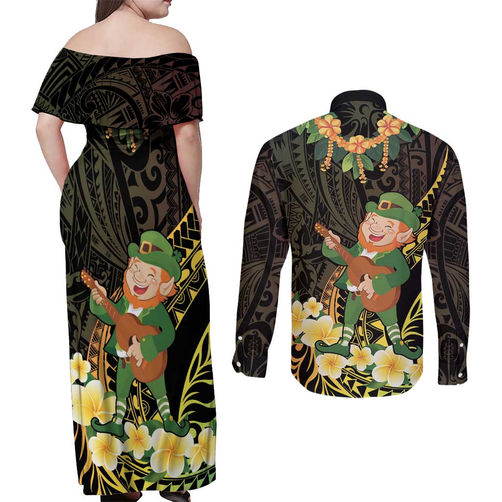 Hawaii Saint Patrick's Day Couples Matching Off Shoulder Maxi Dress and Long Sleeve Button Shirt Ukulele Leprechaun Hau'Oli Maoli Oe! LT14 - Polynesian Pride