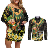 Hawaii Saint Patrick's Day Couples Matching Off Shoulder Short Dress and Long Sleeve Button Shirt Ukulele Leprechaun Hau'Oli Maoli Oe! LT14 Reggae - Polynesian Pride