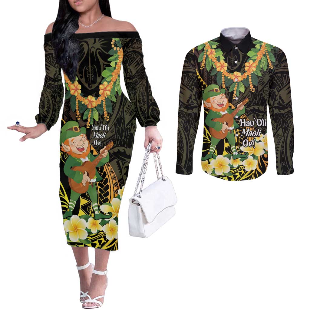 Hawaii Saint Patrick's Day Couples Matching Off The Shoulder Long Sleeve Dress and Long Sleeve Button Shirt Ukulele Leprechaun Hau'Oli Maoli Oe! LT14 Reggae - Polynesian Pride