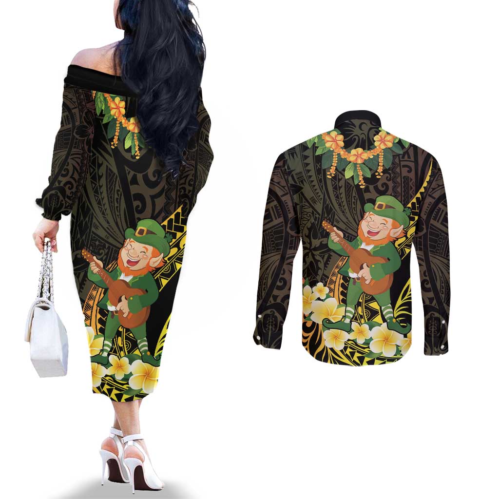 Hawaii Saint Patrick's Day Couples Matching Off The Shoulder Long Sleeve Dress and Long Sleeve Button Shirt Ukulele Leprechaun Hau'Oli Maoli Oe! LT14 - Polynesian Pride