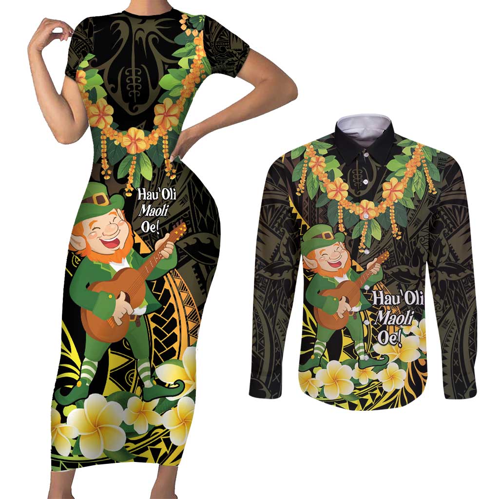 Hawaii Saint Patrick's Day Couples Matching Short Sleeve Bodycon Dress and Long Sleeve Button Shirt Ukulele Leprechaun Hau'Oli Maoli Oe! LT14 Reggae - Polynesian Pride