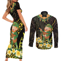 Hawaii Saint Patrick's Day Couples Matching Short Sleeve Bodycon Dress and Long Sleeve Button Shirt Ukulele Leprechaun Hau'Oli Maoli Oe! LT14 - Polynesian Pride