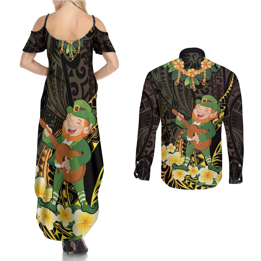 Hawaii Saint Patrick's Day Couples Matching Summer Maxi Dress and Long Sleeve Button Shirt Ukulele Leprechaun Hau'Oli Maoli Oe! LT14 - Polynesian Pride
