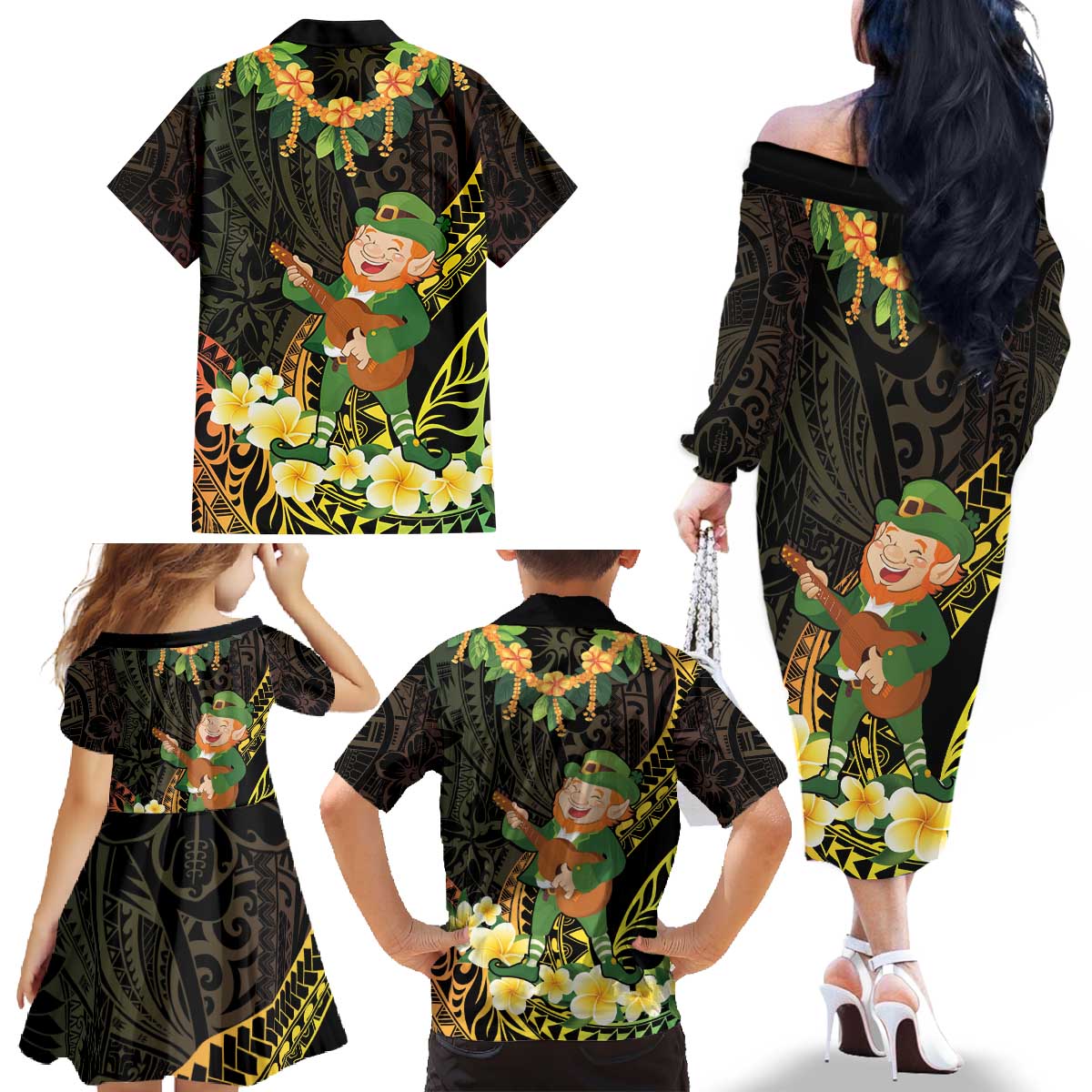 Hawaii Saint Patrick's Day Family Matching Off The Shoulder Long Sleeve Dress and Hawaiian Shirt Ukulele Leprechaun Hau'Oli Maoli Oe! LT14 - Polynesian Pride