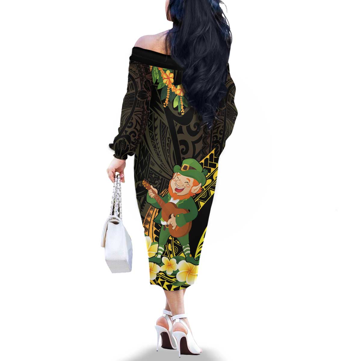 Hawaii Saint Patrick's Day Family Matching Off The Shoulder Long Sleeve Dress and Hawaiian Shirt Ukulele Leprechaun Hau'Oli Maoli Oe! LT14 - Polynesian Pride