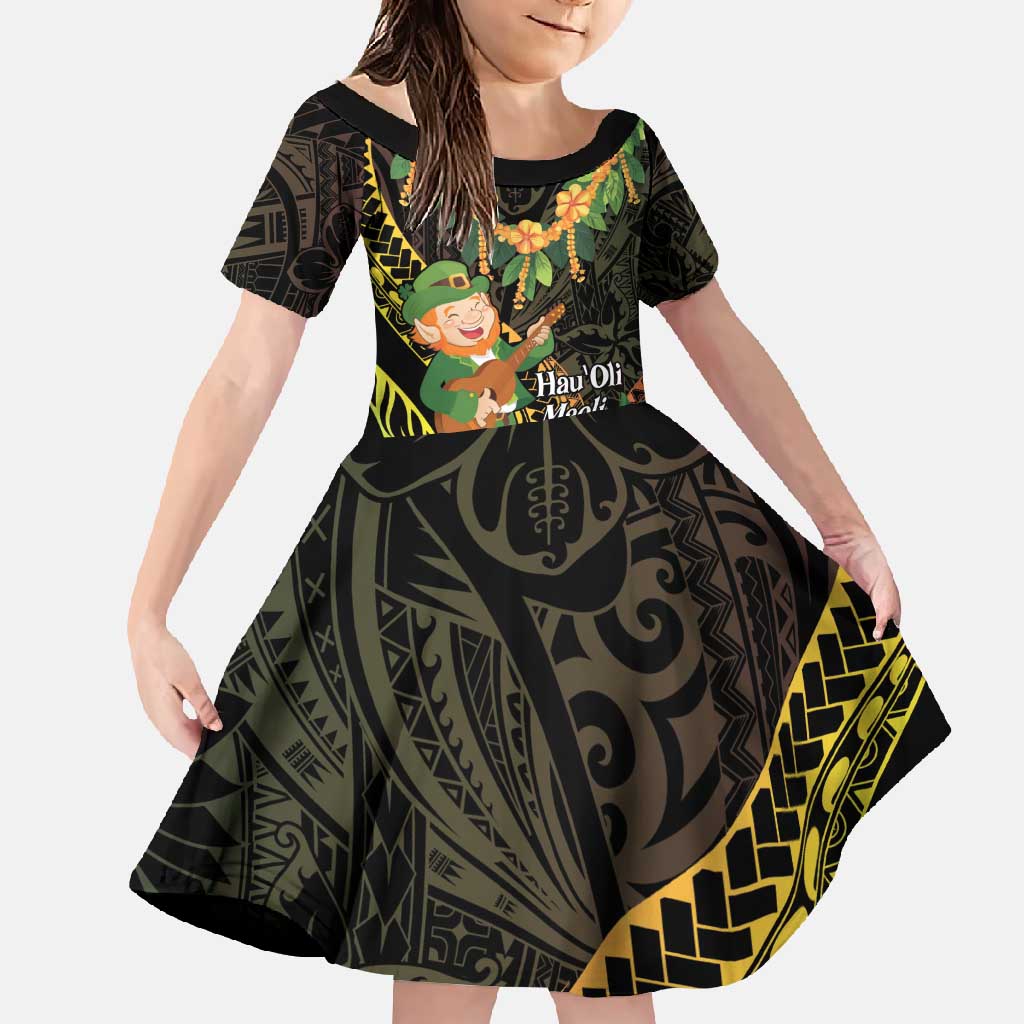 Hawaii Saint Patrick's Day Family Matching Off Shoulder Maxi Dress and Hawaiian Shirt Ukulele Leprechaun Hau'Oli Maoli Oe! LT14 Daughter's Dress Reggae - Polynesian Pride