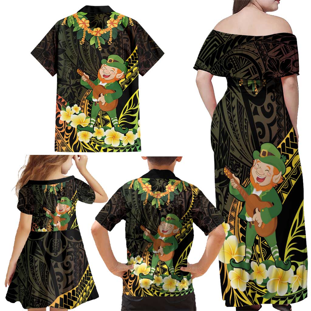 Hawaii Saint Patrick's Day Family Matching Off Shoulder Maxi Dress and Hawaiian Shirt Ukulele Leprechaun Hau'Oli Maoli Oe! LT14 - Polynesian Pride